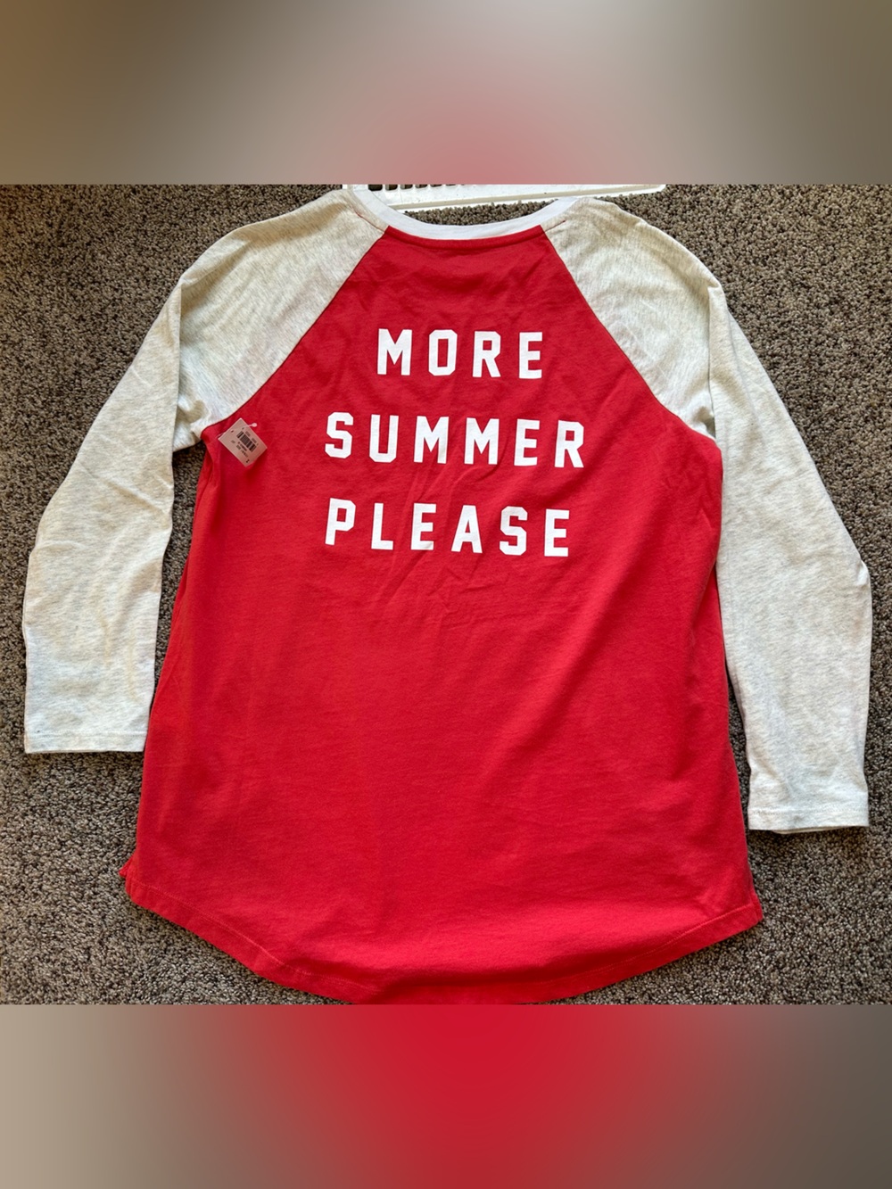 Old Navy Baseball Style Red and Light Gray Raglan Shirt - "More Summer Please"